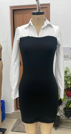 TANDUL Women Black and White Bodycon Collared Dress
