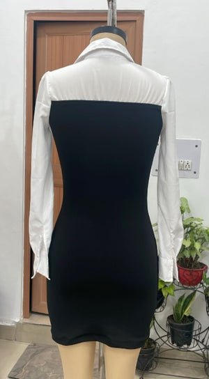 TANDUL Women Black and White Bodycon Collared Dress