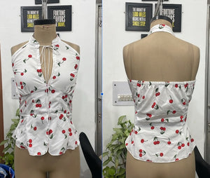 TANDUL Women Retro Cherry Print Halter Neck Peplum Top