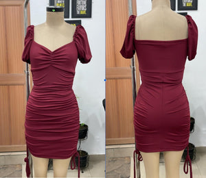 TANDUL Women's Burgundy Ruched Puff Sleeve Mini Dress