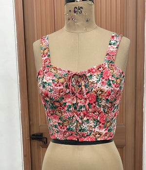 TANDUL Women Pink Floral Print Lace-Up Corset Crop Top