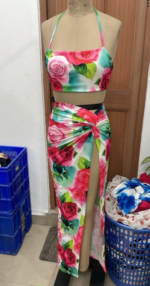 TANDUL Women Tropics Rose Twist-Front High-Slit Co-Ord Set
