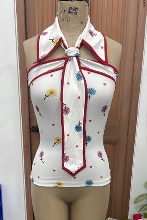 TANDUL Women White Daisy and Heart Print Halter Top