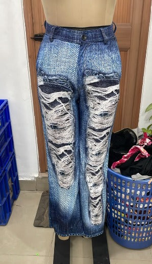 TANDUL Women High-Waisted Trompe L'oeil Denim Printed Trouser
