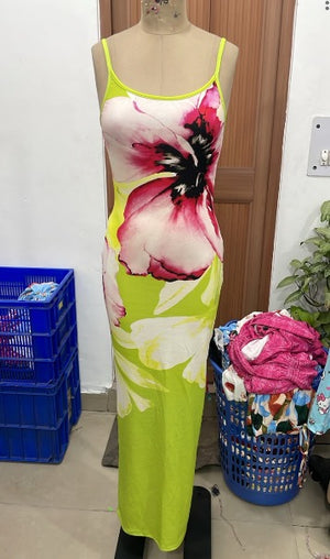 TANDUL Women Neon Green Orchid Floral Print Maxi Dress