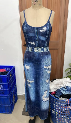 TANDUL Women Denim Print Trompe L'oeil Scoop Neck Maxi Dress