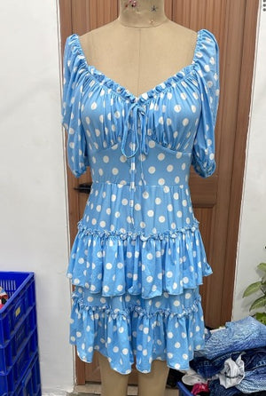 TANDUL Women Sky Blue Retro Polka Dot Milkmaid Tiered Dress