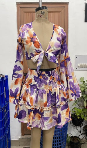 TANDUL Women Vibrant Violet Tropical Tie-Front Co-ord Set