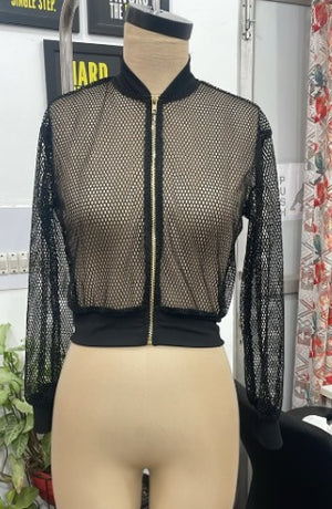 TANDUL Women Sheer Black Mesh Cropped Bomber Jacket