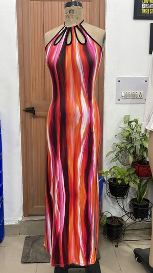 TANDUL- WOmen Multi-Color Abstract Print Halter Neck Maxi Dress
