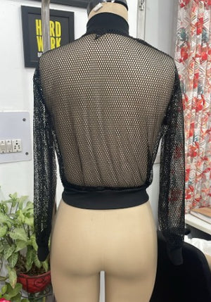 TANDUL Women Sheer Black Mesh Cropped Bomber Jacket