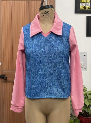 TANDUL Women 2-in-1 Blue Denim Textured Fleece Sweatshirt