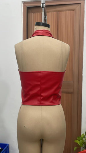 TANDUL Women Bold Red Front Detailed Leather Top