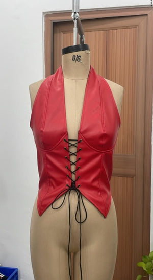 TANDUL Women Bold Red Front Detailed Leather Top