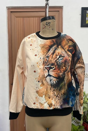 TANDUL Women Cream and Espresso Lion Portrait Oversized Sweatshirt