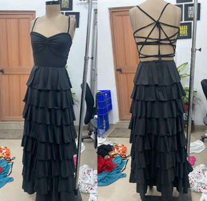 TANDUL Women's Black Tiered Ruffle Maxi Dress