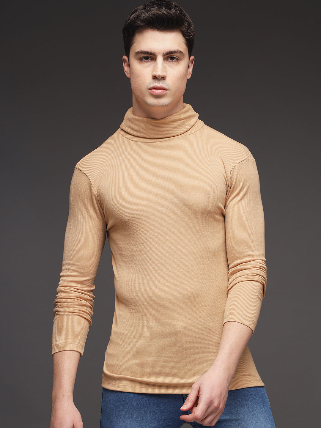TANDUL Men Solid Turtle Neck Beige Sweater
