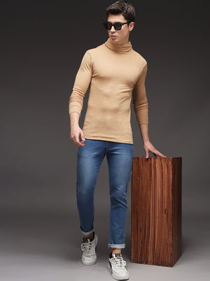 TANDUL Men Solid Turtle Neck Beige Sweater