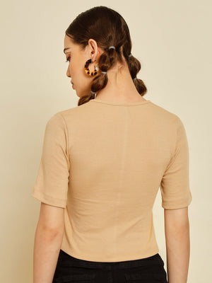 TANDUL  Casual Regular Sleeves Solid Women Beige Top