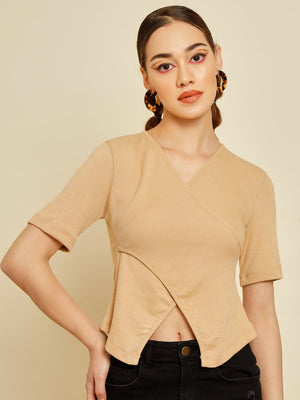 TANDUL  Casual Regular Sleeves Solid Women Beige Top