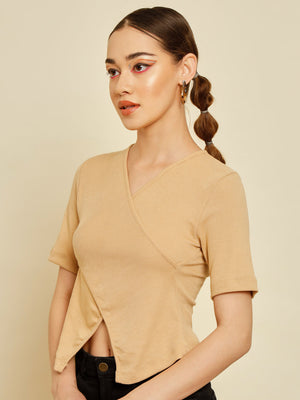 TANDUL  Casual Regular Sleeves Solid Women Beige Top