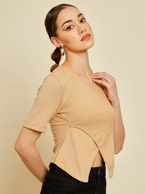 TANDUL  Casual Regular Sleeves Solid Women Beige Top