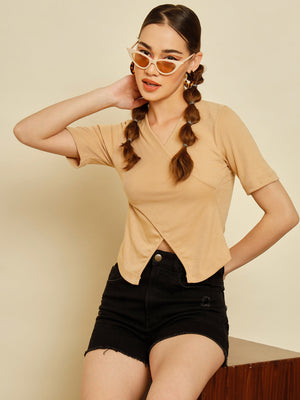 TANDUL  Casual Regular Sleeves Solid Women Beige Top