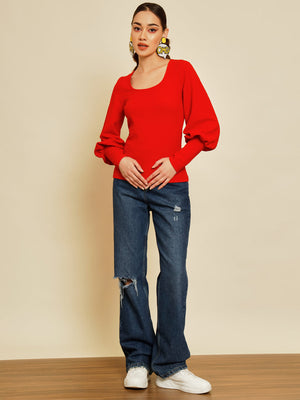 TANDUL  Casual Bishop Sleeve Solid Women Red Top
