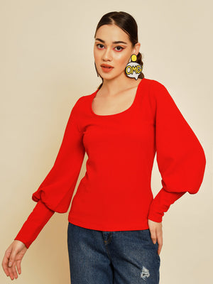 TANDUL  Casual Bishop Sleeve Solid Women Red Top
