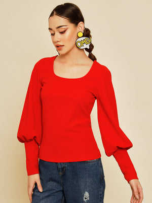 TANDUL  Casual Bishop Sleeve Solid Women Red Top