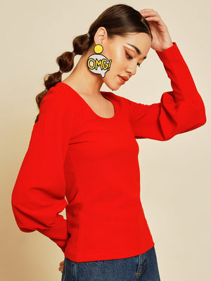 TANDUL  Casual Bishop Sleeve Solid Women Red Top