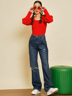TANDUL  Casual Bishop Sleeve Solid Women Red Top