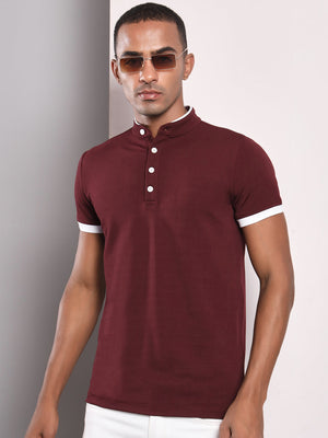 TANDUL Men Solid Stylised Neck Maroon T-Shirt