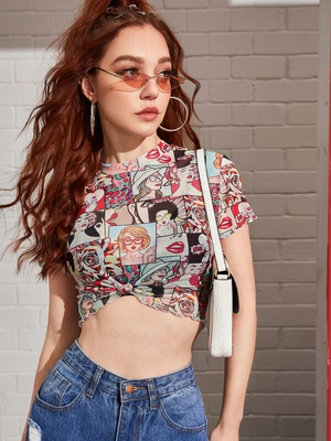 TANDUL  Casual Sleeveless Graphic Print Women Black Top
