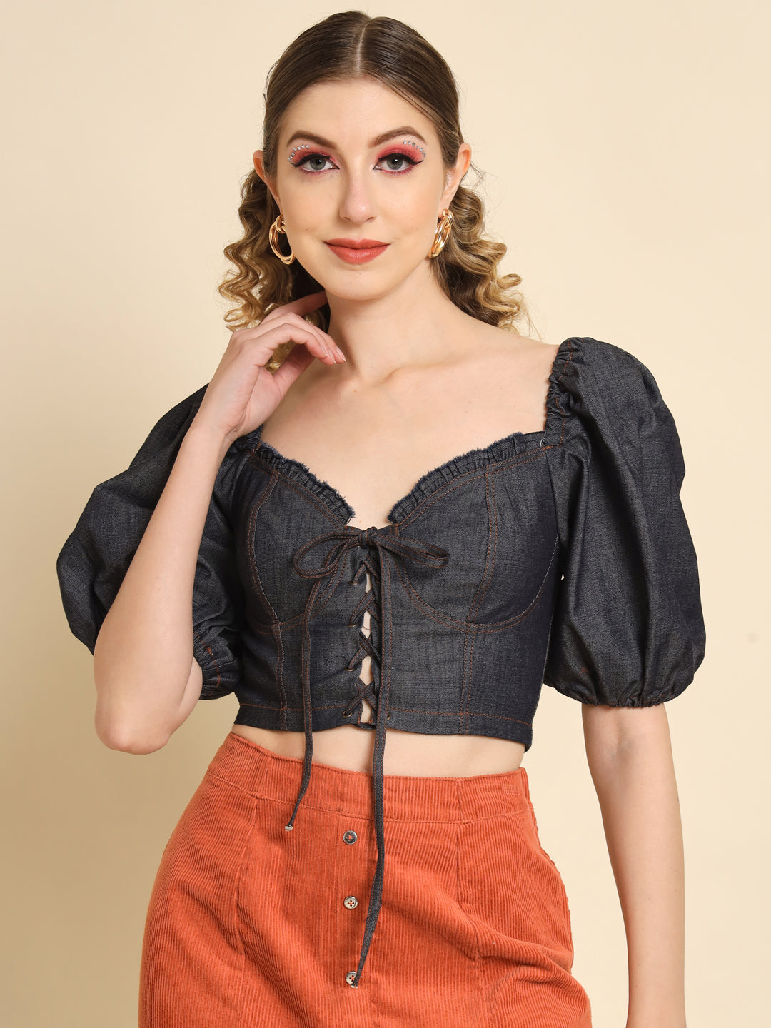 TANDUL Casual Ruffled Sleeves Solid Women Grey Top