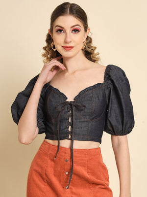 TANDUL Casual Ruffled Sleeves Solid Women Grey Top