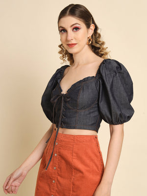 TANDUL Casual Ruffled Sleeves Solid Women Grey Top
