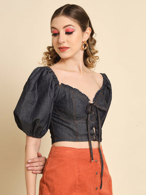 TANDUL Casual Ruffled Sleeves Solid Women Grey Top