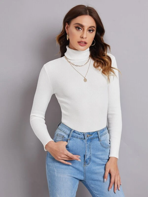 TANDUL Women Solid High Neck White Sweater