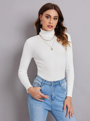 TANDUL Women Solid High Neck White Sweater