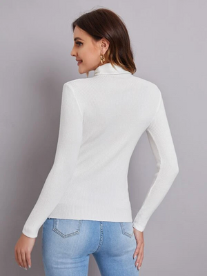TANDUL Women Solid High Neck White Sweater