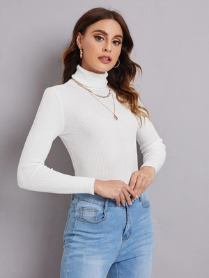 TANDUL Women Solid High Neck White Sweater