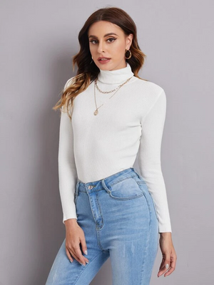 TANDUL Women Solid High Neck White Sweater