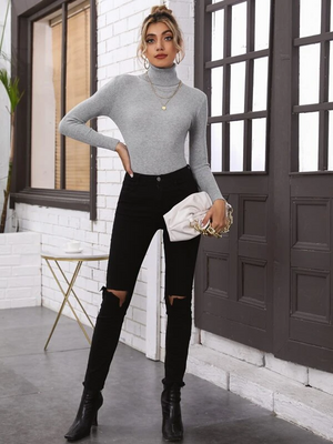 TANDUL Women Solid High Neck Grey Sweater