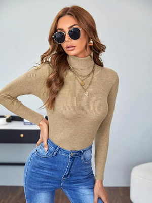 TANDUL Women Solid High Neck Beige Sweater