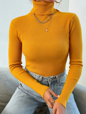 TANDUL Women Solid High Neck Yellow Sweater