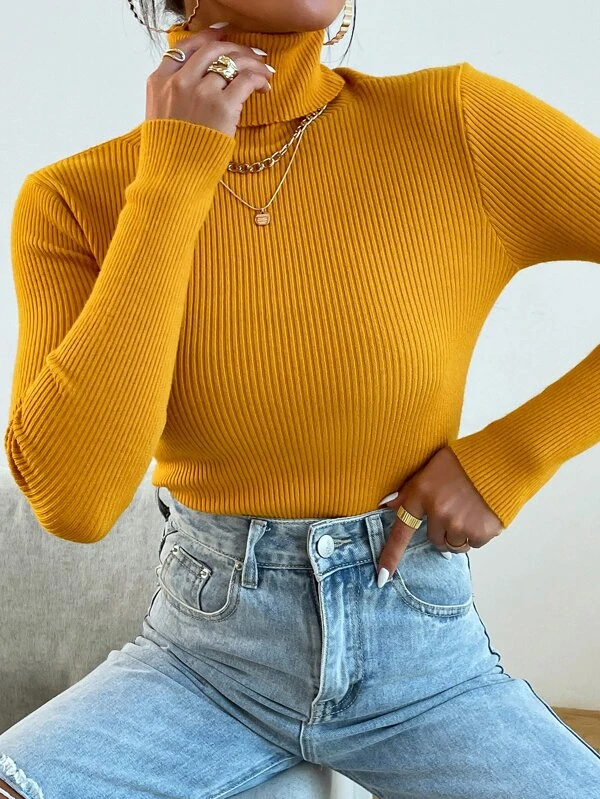 TANDUL Women Solid High Neck Yellow Sweater