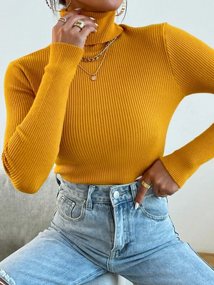 TANDUL Women Solid High Neck Yellow Sweater