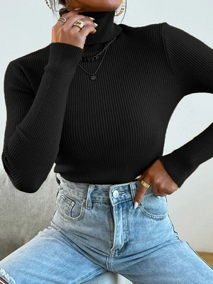 TANDUL Women Solid High Neck Black Sweater