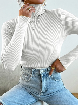 TANDUL Women Solid High Neck White Sweater